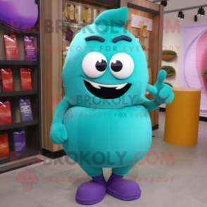 Teal Plum mascot costume character dressed with a Tank Top and Clutch bags