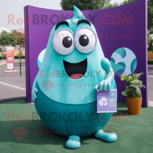 Teal Plum mascot costume character dressed with a Tank Top and Clutch bags