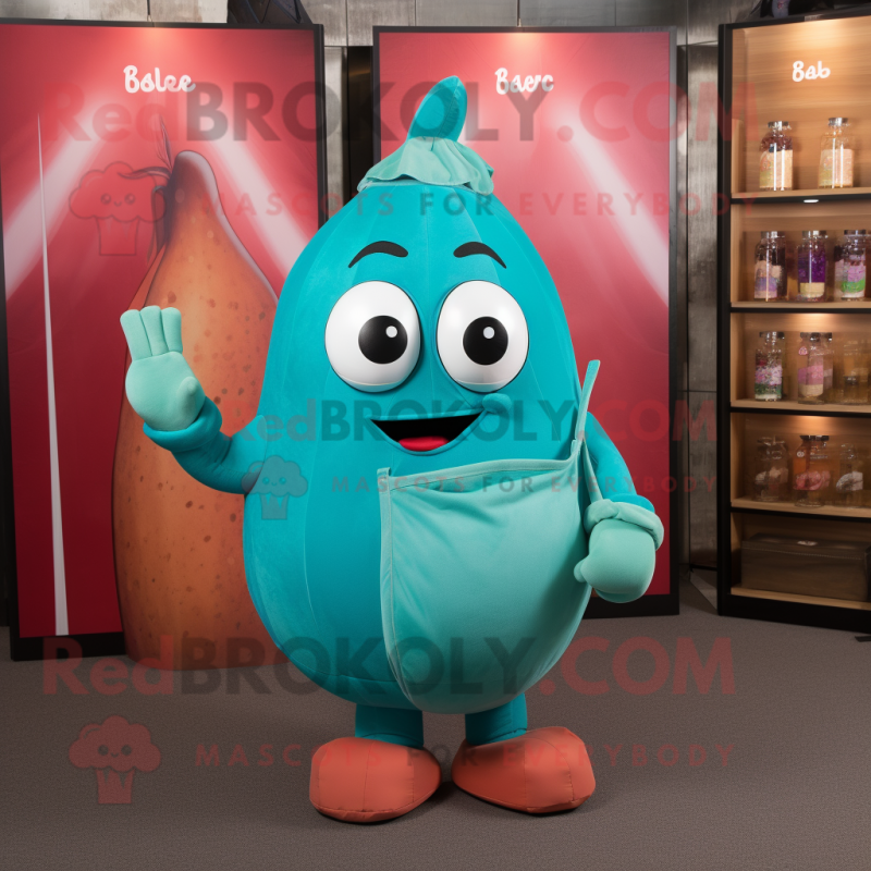 Teal Plum mascot costume character dressed with a Tank Top and Clutch bags Teal Plum mascot costume character dressed with a Tank Top and Clutch bags