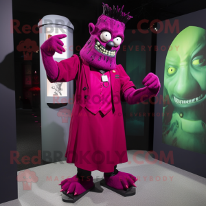 Magenta Frankenstein'S Monster mascot costume character dressed with a Sheath Dress and Cufflinks