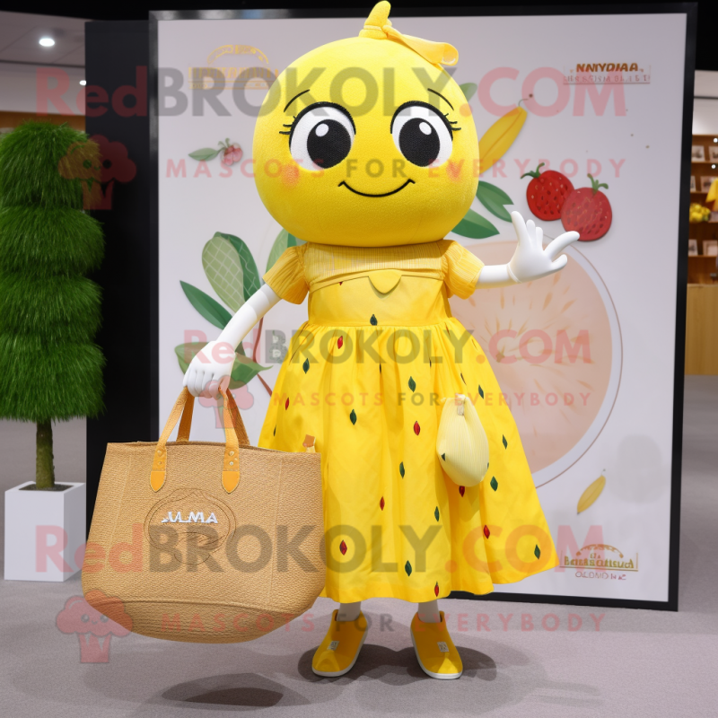 nan Lemon mascot costume character dressed with a Dress and Tote bags nan Lemon mascot costume character dressed with a Dress and Tote bags