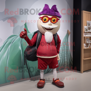 Red Onion mascot costume character dressed with a Board Shorts and Handbags