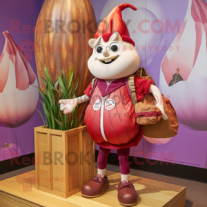Red Onion mascot costume character dressed with a Board Shorts and Handbags