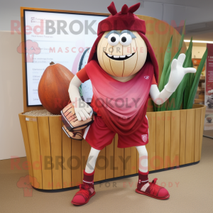 Red Onion mascot costume character dressed with a Board Shorts and Handbags