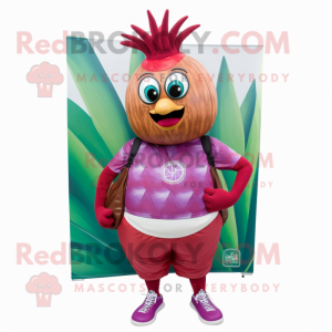 Red Onion mascot costume character dressed with a Board Shorts and Handbags