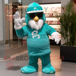 Teal Chief mascot costume character dressed with a V-Neck Tee and Eyeglasses