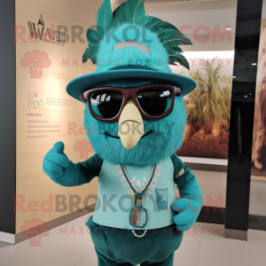 Teal Chief mascot costume character dressed with a V-Neck Tee and Eyeglasses