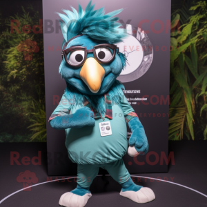 Teal Chief mascot costume character dressed with a V-Neck Tee and Eyeglasses