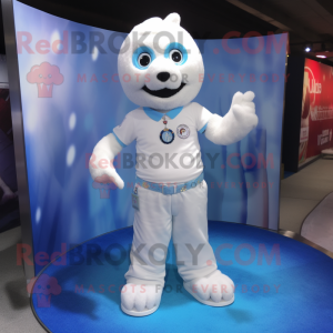 White Ice mascot costume character dressed with a Flare Jeans and Bracelet watches