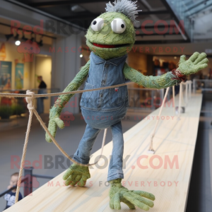 Olive Tightrope Walker mascot costume character dressed with a Jeans and Shawls