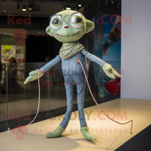 Olive Tightrope Walker mascot costume character dressed with a Jeans and Shawls