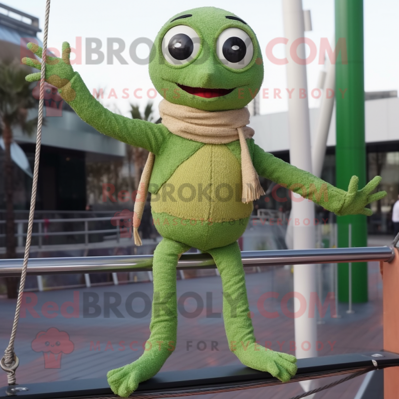 Olive Tightrope Walker mascot costume character dressed with a Jeans and Shawls