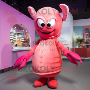 Pink Lobster Bisque mascot costume character dressed with a Ball Gown and Beanies