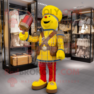 Yellow British Royal Guard mascot costume character dressed with a Flannel Shirt and Handbags