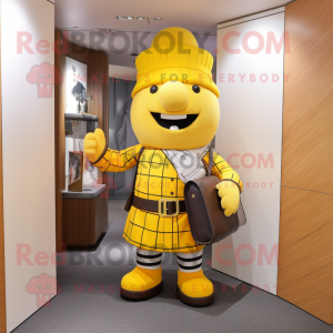 Yellow British Royal Guard mascot costume character dressed with a Flannel Shirt and Handbags
