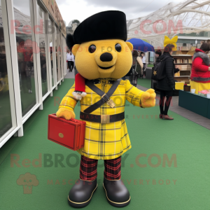 Yellow British Royal Guard mascot costume character dressed with a Flannel Shirt and Handbags