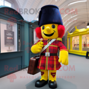 Yellow British Royal Guard mascot costume character dressed with a Flannel Shirt and Handbags