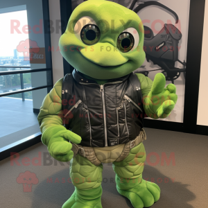 Lime Green Sea Turtle mascot costume character dressed with a Biker Jacket and Mittens