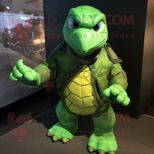 Lime Green Sea Turtle mascot costume character dressed with a Biker Jacket and Mittens