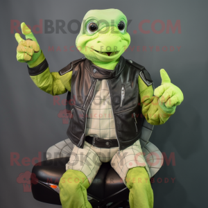 Lime Green Sea Turtle mascot costume character dressed with a Biker Jacket and Mittens