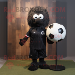 Black Soccer Ball mascot costume character dressed with a Henley Shirt and Scarf clips