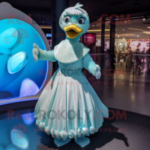 Cyan Swan mascot costume character dressed with a Circle Skirt and Headbands