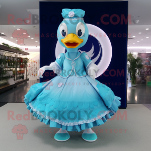 Cyan Swan mascot costume character dressed with a Circle Skirt and Headbands