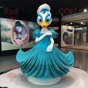 Cyan Swan mascot costume character dressed with a Circle Skirt and Headbands
