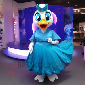 Cyan Swan mascot costume character dressed with a Circle Skirt and Headbands