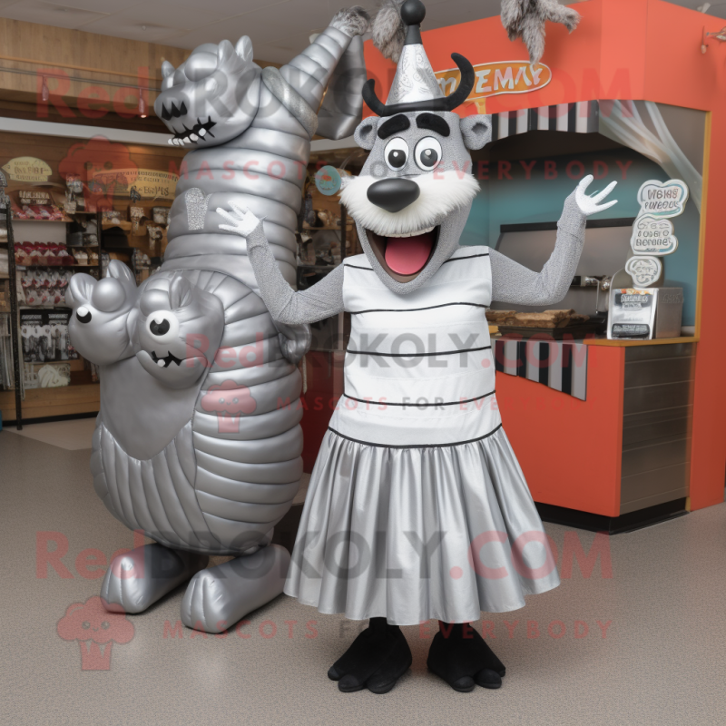 Silver Bbq Ribs mascot costume character dressed with a A-Line Dress and Rings Silver Bbq Ribs mascot costume character dressed with a A-Line Dress and Rings