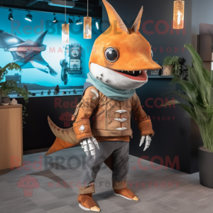 Rust Swordfish mascot costume character dressed with a Long Sleeve Tee and Hairpins