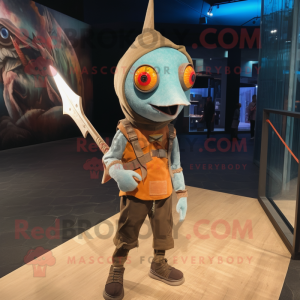 Rust Swordfish mascot costume character dressed with a Long Sleeve Tee and Hairpins