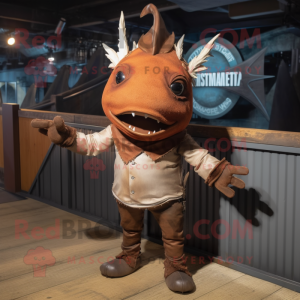 Rust Swordfish mascot costume character dressed with a Long Sleeve Tee and Hairpins