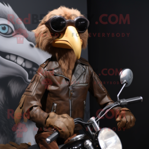 Brown Dodo Bird mascot costume character dressed with a Biker Jacket and Eyeglasses