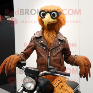 Brown Dodo Bird mascot costume character dressed with a Biker Jacket and Eyeglasses