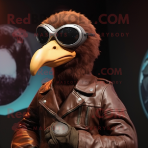 Brown Dodo Bird mascot costume character dressed with a Biker Jacket and Eyeglasses