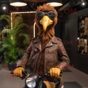 Brown Dodo Bird mascot costume character dressed with a Biker Jacket and Eyeglasses