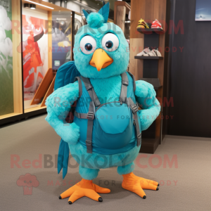 Turquoise Hens mascot costume character dressed with a Shorts and Backpacks