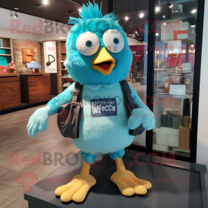 Turquoise Hens mascot costume character dressed with a Shorts and Backpacks