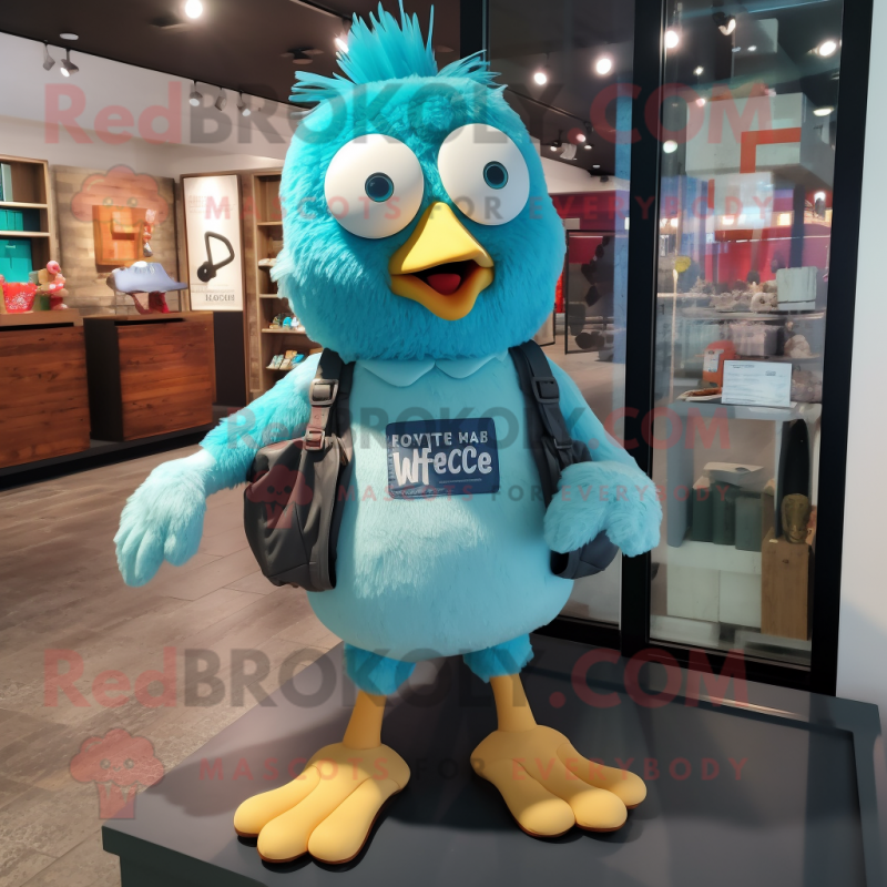 Turquoise Hens mascot costume character dressed with a Shorts and Backpacks