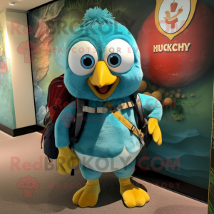 Turquoise Hens mascot costume character dressed with a Shorts and Backpacks