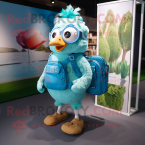 Turquoise Hens mascot costume character dressed with a Shorts and Backpacks