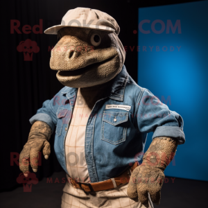 Tan Komodo Dragon mascot costume character dressed with a Chambray Shirt and Wraps