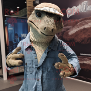 Tan Komodo Dragon mascot costume character dressed with a Chambray Shirt and Wraps