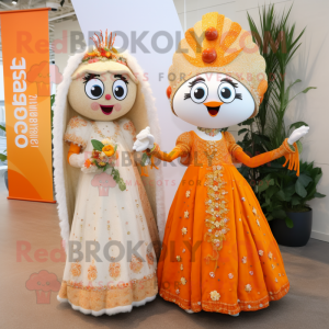 Orange Jambalaya mascot costume character dressed with a Wedding Dress and Brooches