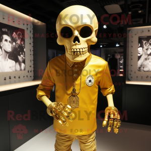 Gold Skull mascot costume character dressed with a Henley Shirt and Cufflinks