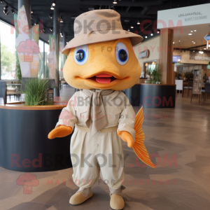 Beige Goldfish mascot costume character dressed with a Romper and Hat pins