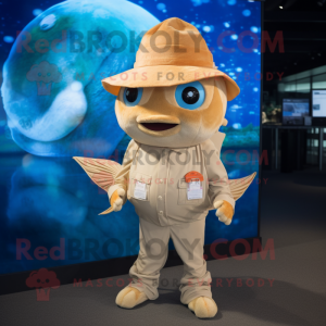 Beige Goldfish mascot costume character dressed with a Romper and Hat pins