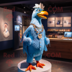 Sky Blue Rooster mascot costume character dressed with a Henley Tee and Necklaces