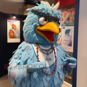 Sky Blue Rooster mascot costume character dressed with a Henley Tee and Necklaces